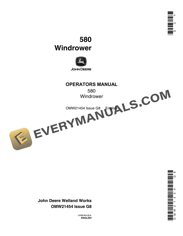 John Deere 580 Windrower Operator Manual OMW21454 1