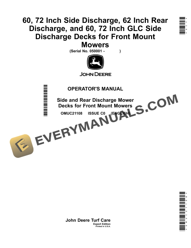 John Deere 60 72 Inch Side Discharge 62 Inch Rear Discharge and 60 72 Inch GLC Side Discharge Decks for Front Mount Mowers Operator Manual OMUC21108 1