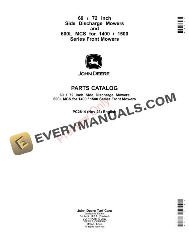 John Deere 60 72 inch Side Discharge Mowers and 600L MCS for 14001500 Series Front Mowers Parts Catalog PC2814 21NOV23