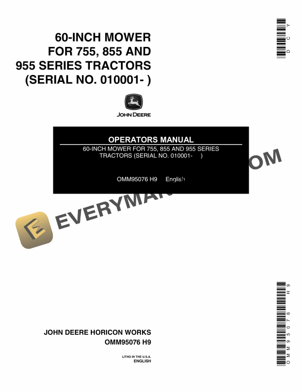 John Deere 60 INCH MOWER FOR 755 855 AND 955 SERIES TRACTORS Operator Manual OMM95076 1