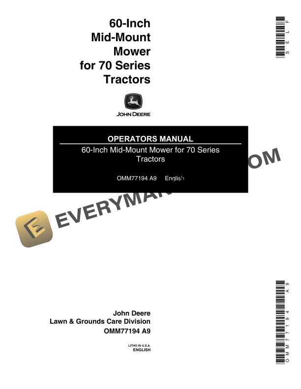 John Deere 60 Inch Mid Mount Mower for 70 Series Tractors Operator Manual OMM77194 1
