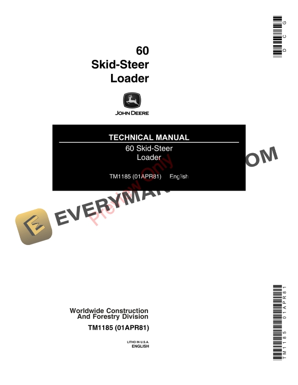 John Deere 60 Skid Steer Loader Technical Manual TM1185 01APR81