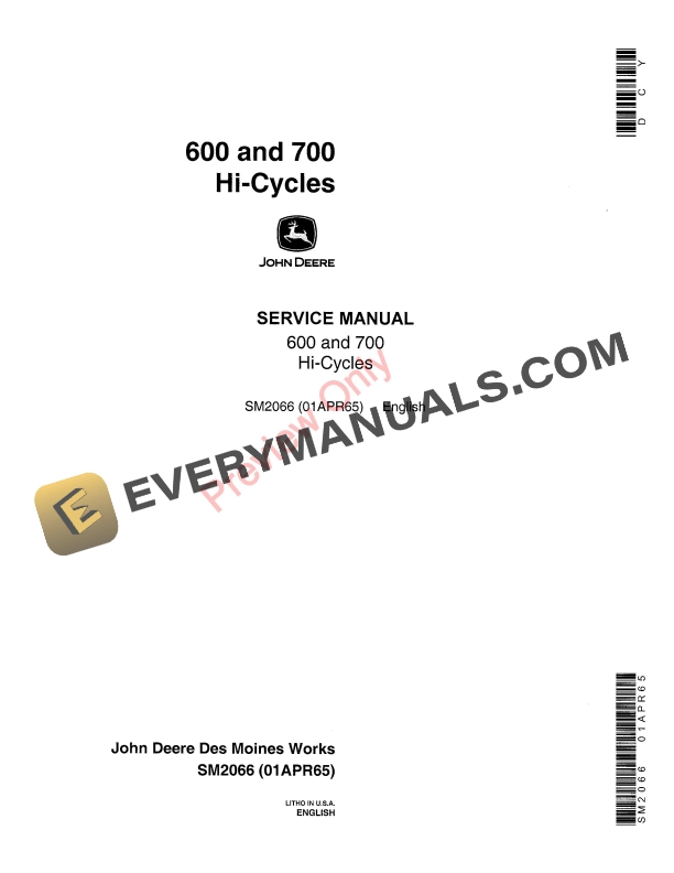 John Deere 600, 700 Hi-Cycle Tractor Service Manual SM2066 01APR65