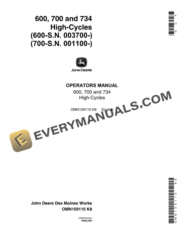 John Deere 600 700 and 734 High Cycles Operator Manual OMN159110 1