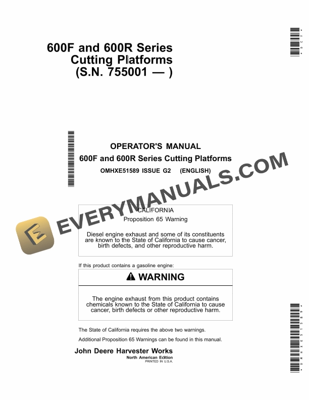 John Deere 600 F and 600 R Series Cutting Platform Operator Manual OMHXE51589 1