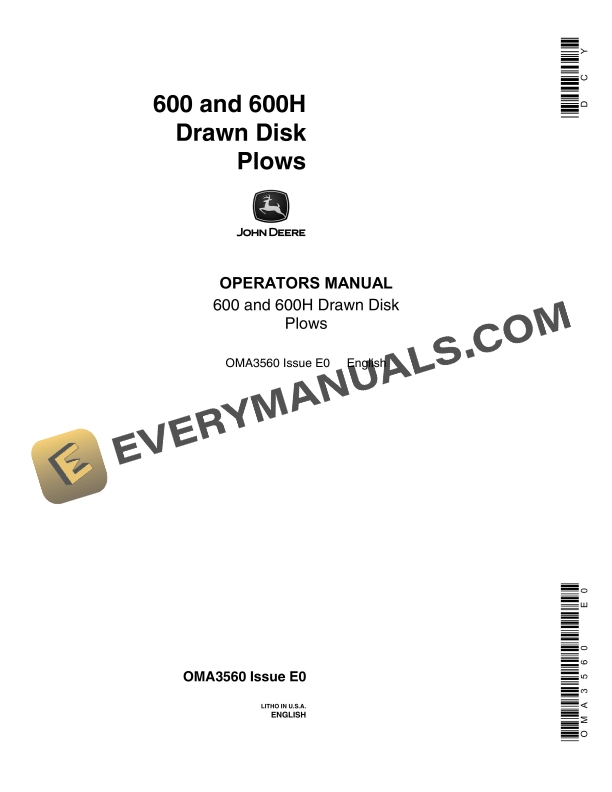 John Deere 600 and 600H Drawn Disk Plow Operator Manual OMA3560 1