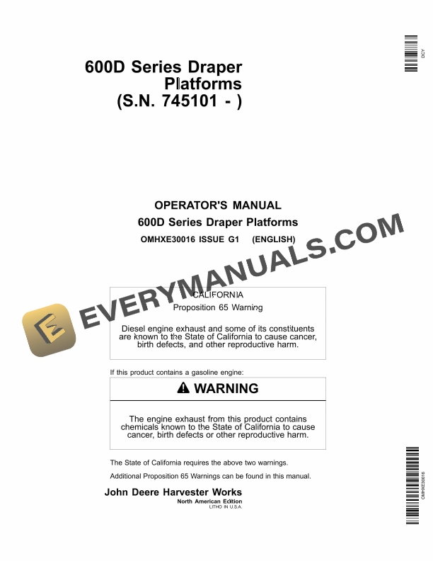 John Deere 600D Series Draper Platform Operator Manual OMHXE30016 1