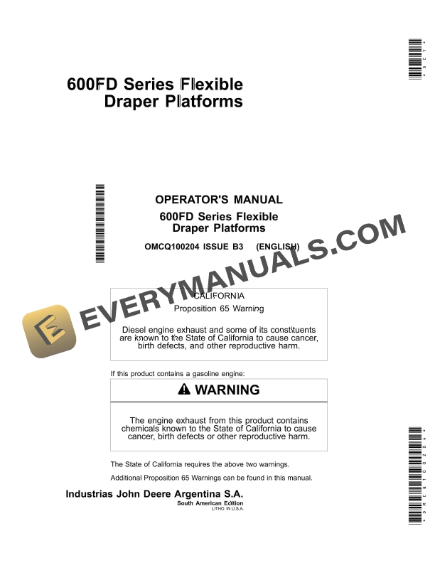 John Deere 600FD Series Flexible Draper Platform Operator Manual OMCQ100204 1