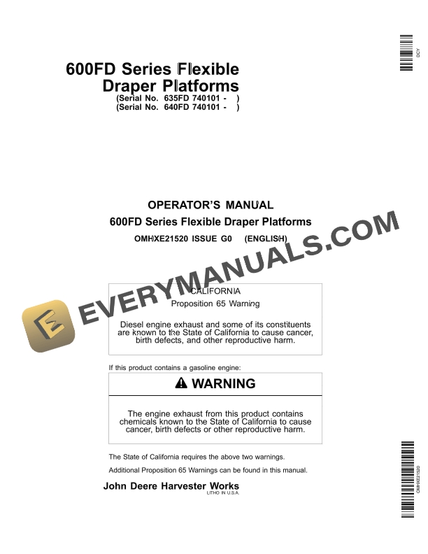 John Deere 600FD Series Flexible Draper Platform Operator Manual OMHXE21520 1