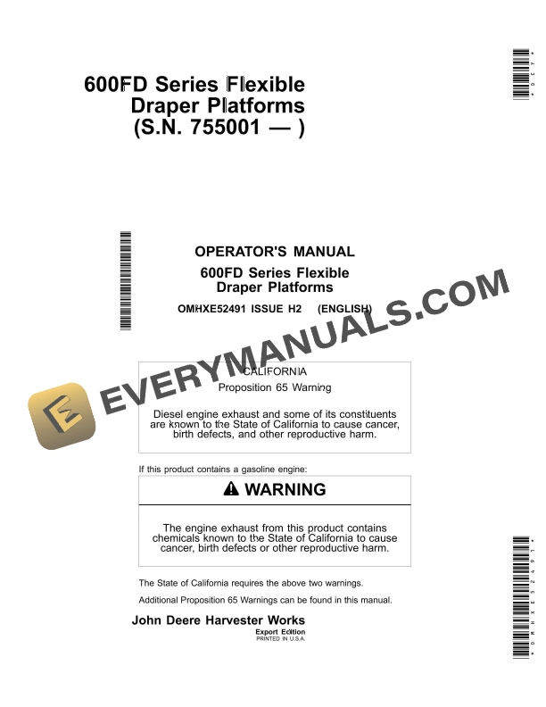 John Deere 600FD Series Flexible Draper Platform Operator Manual OMHXE52491 1