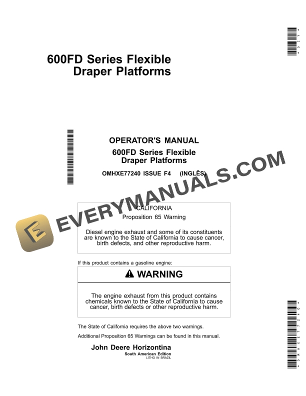 John Deere 600FD Series Flexible Draper Platform Operator Manual OMHXE77240