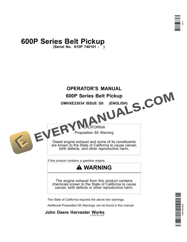 John Deere 600P Series Belt Pickup Operator Manual OMHXE23034 1