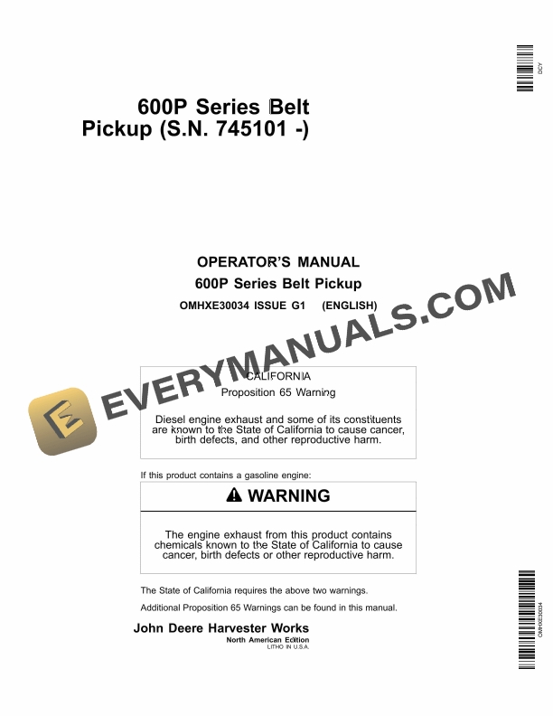 John Deere 600P Series Belt Pickup Operator Manual OMHXE30034 1