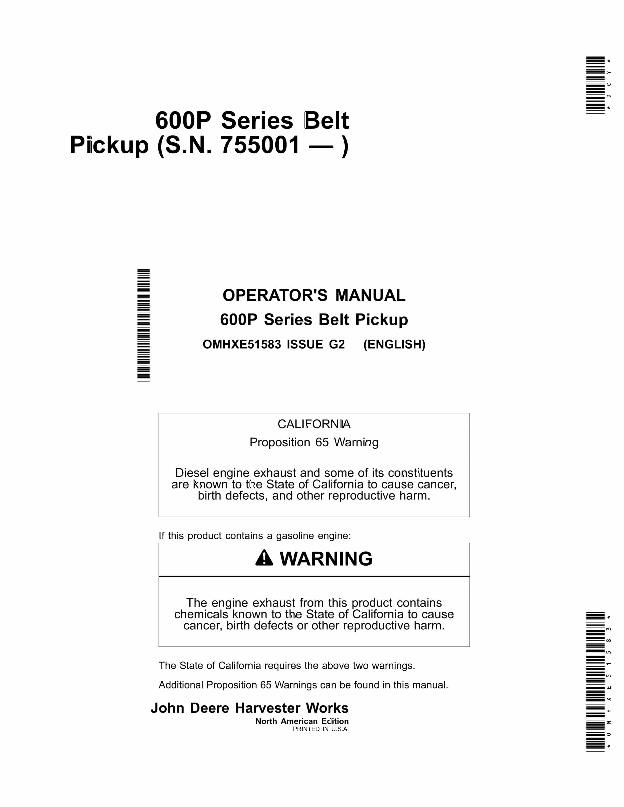 John Deere 600P Series Belt Pickup Operator Manual OMHXE51583 1