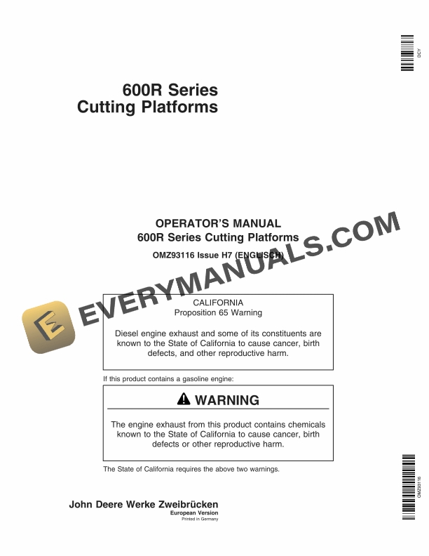 John Deere 600R Series Cutting Platform Operator Manual OMZ93116 2 John Deere 600R Series Cutting Platform Operator Manual OMZ93116 1