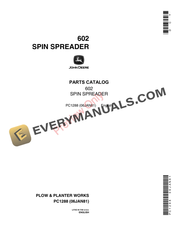 John Deere 602 Spin Spreader Parts Catalog PC1288 06JAN81