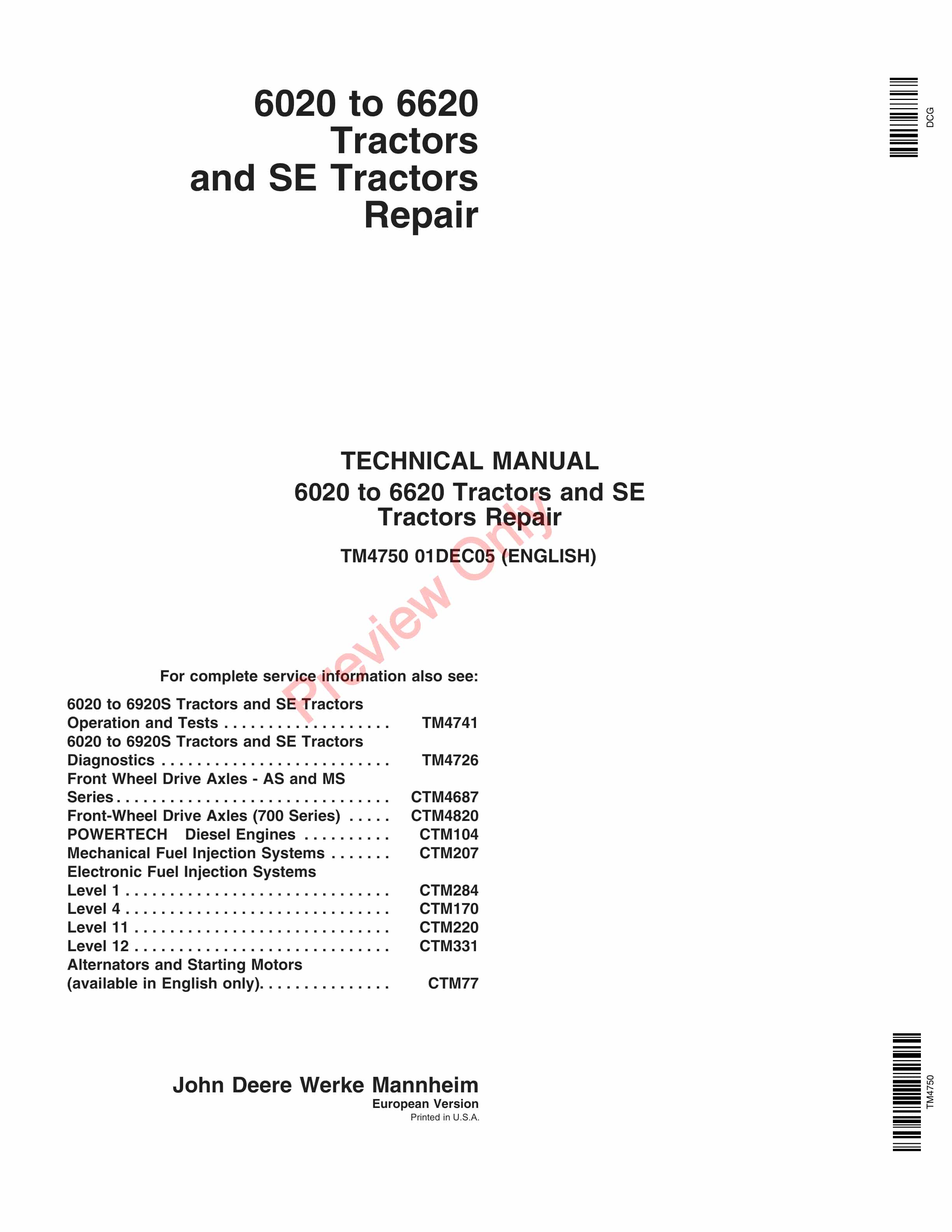 John Deere 6020 to 6620 Tractors and SE Tractors Repair Technical Manual TM4750 01DEC05 PDF