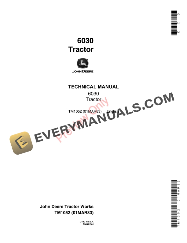 John Deere 6030 Row Crop Tractor Technical Manual TM1052 01MAR83 1