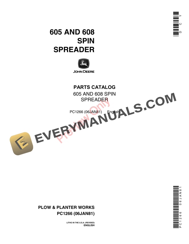 John Deere 605 608 Spin Spreader Parts Catalog PC1266 06JAN81 1
