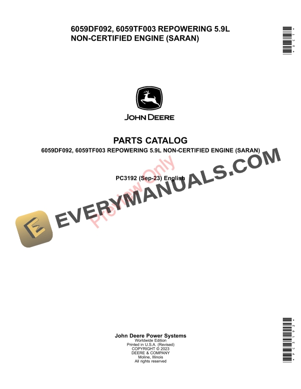 John Deere 6059DF092 6059TF003 REPOWERING 5.9L NON Parts Catalog PC3192 21SEP23 1
