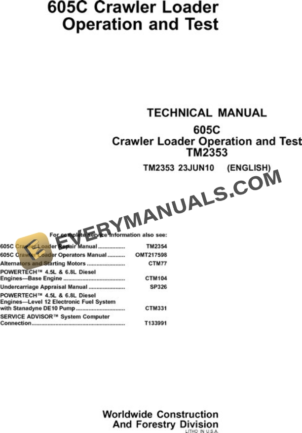 John Deere 605C Crawler Test Manual TM2353