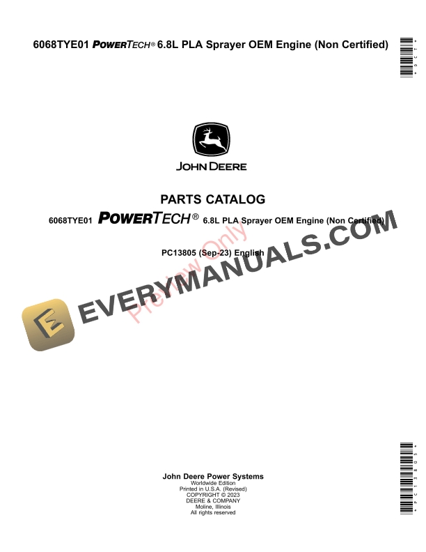 John Deere 6068TYE01 PowerTech 6.8L PLA Sprayer OEM Engine (Non Certified) Parts Catalog PC13805 10SEP23