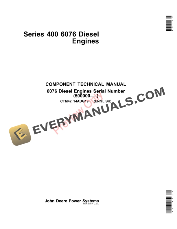 John Deere 6076 Diesel Engines 400 Series Component Technical Manual CTM42 14AUG19 1