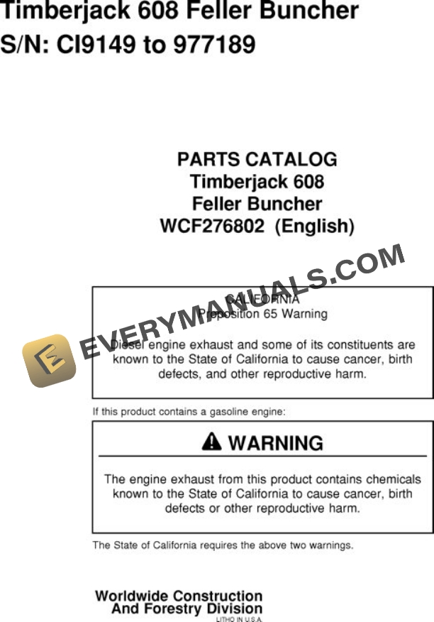 John Deere 608 Feller Buncher Parts Catalog WCF276802