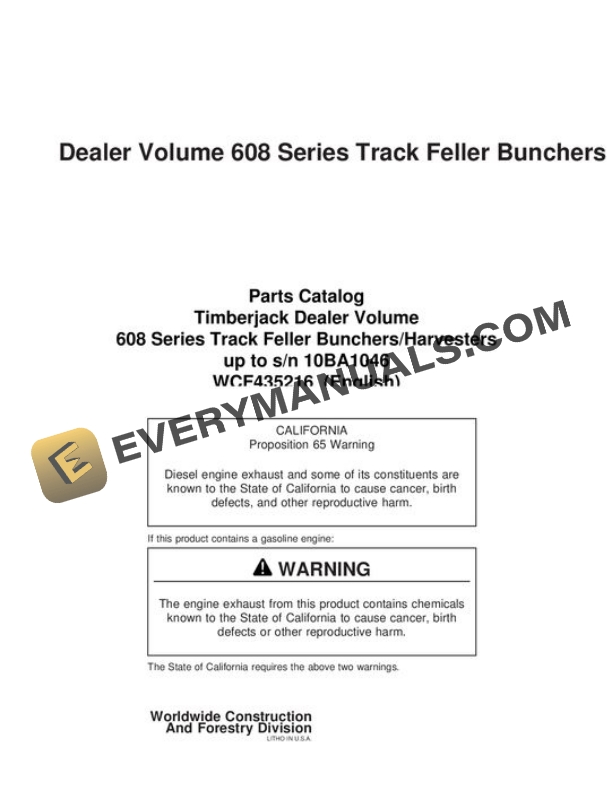 John Deere 608 Feller Buncher Parts Catalog WCF435216