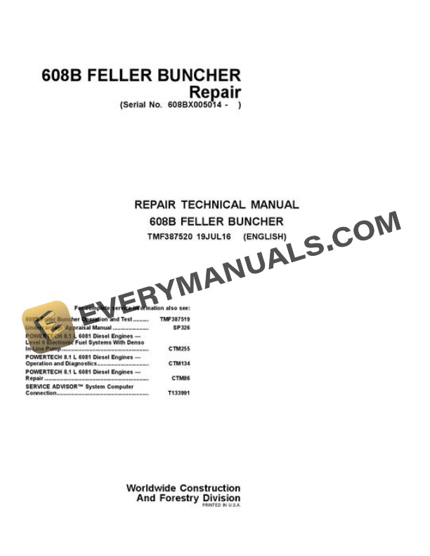 John Deere 608B Feller Buncher Repair Manual TMF387520