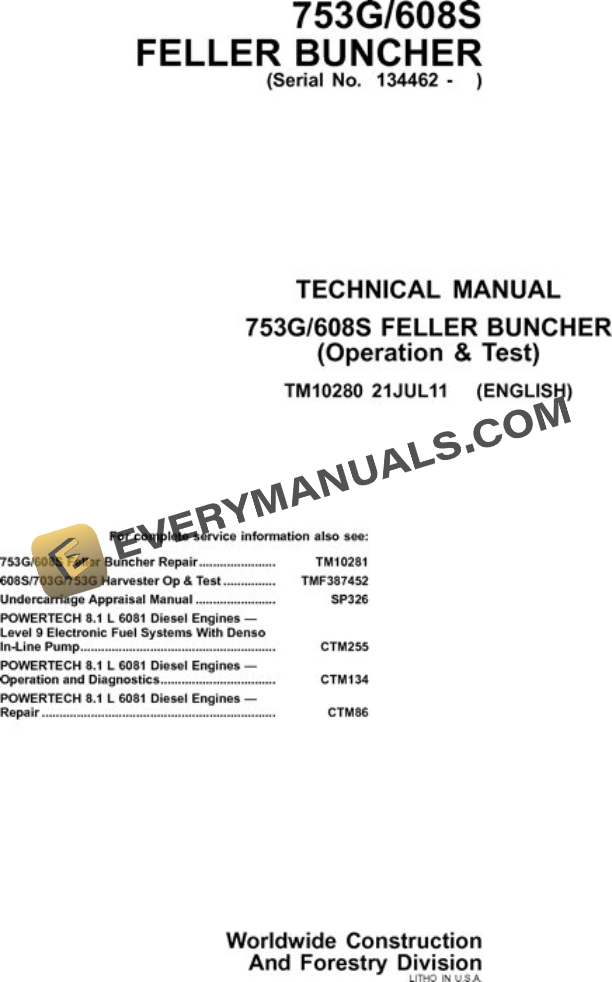 John Deere 608S 753G Feller Buncher Test Manual TM10280