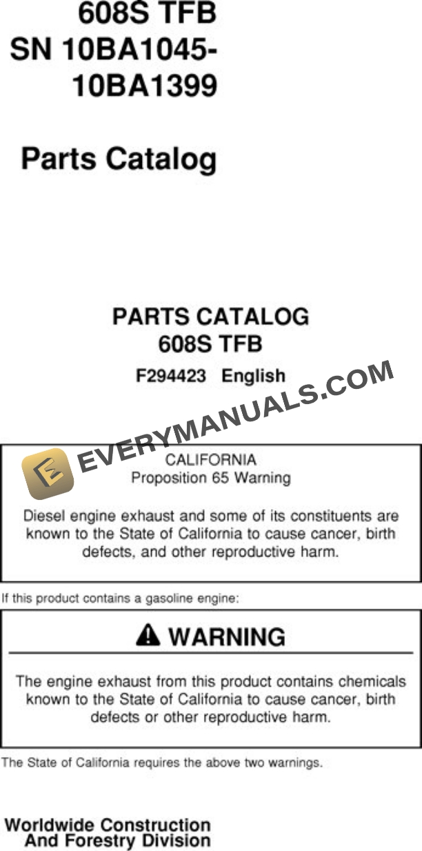 John Deere 608S Feller Buncher Parts Catalog F294423