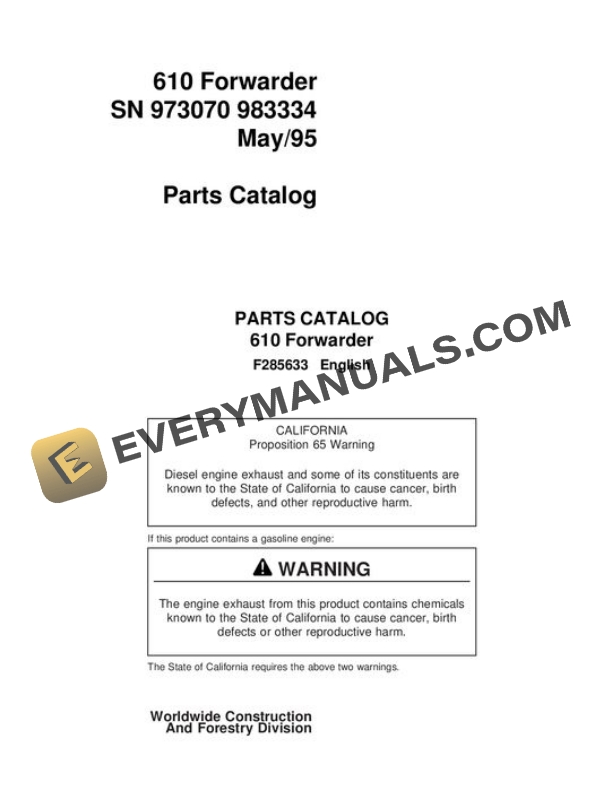 John Deere 610 Forwarder Parts Catalog F285633