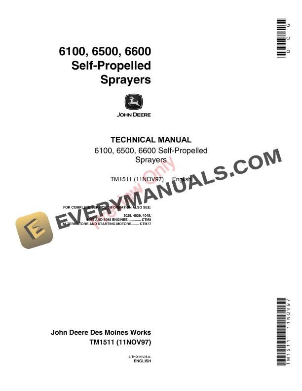 John Deere 6100 6500 6600 Self Propelled Sprayers Technical Manual TM1511 11NOV97 1
