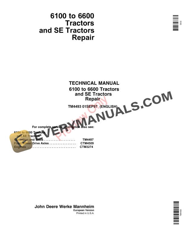 John Deere 6100 to 6600 Tractors and SE Tractors Technical Manual TM4493 01SEP97 1