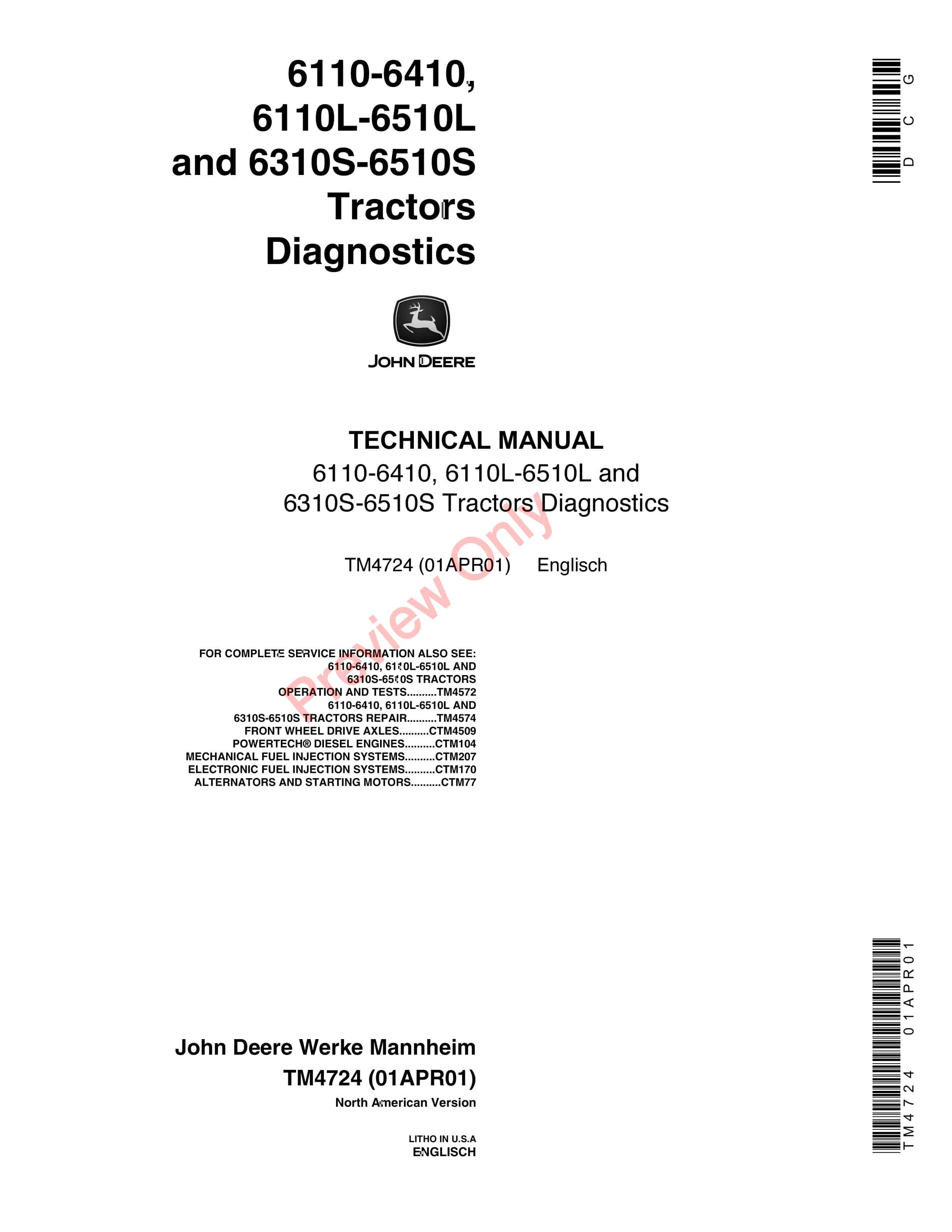 John Deere 6110 6410 6110L 6510L and 6310S 6510S Tractors Technical Manual TM4724 01APR01 1