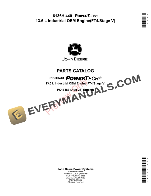 John Deere 6136HI440 PowerTech 13.6 L Industrial OEM Engine(FT4Stage V) Parts Catalog PC16187 03AUG23