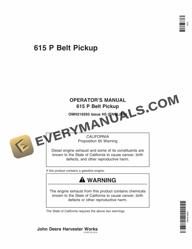 John Deere 615 P Belt Pickup Operator Manual OMH219293 1