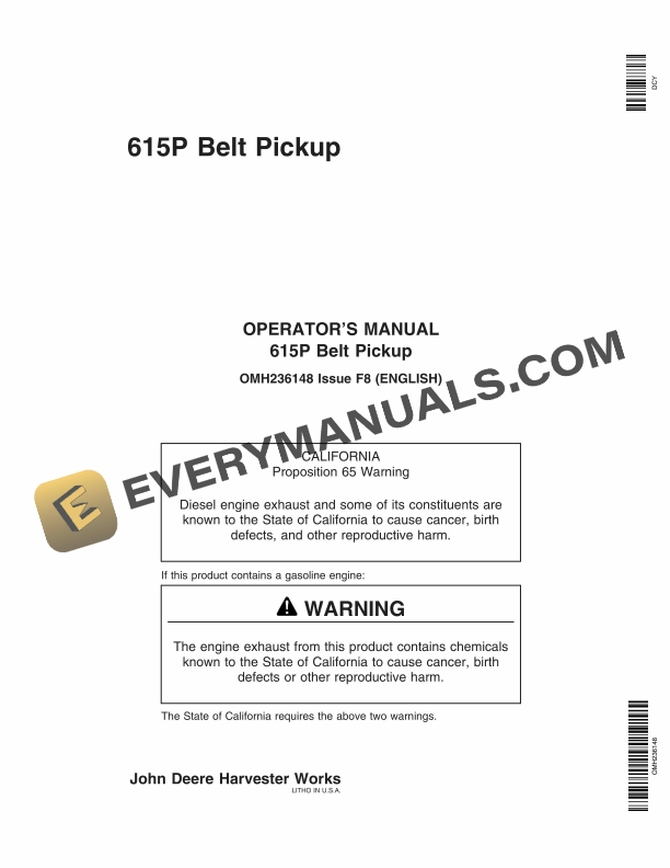 John Deere 615 P Belt Pickup Operator Manual OMH236148 1