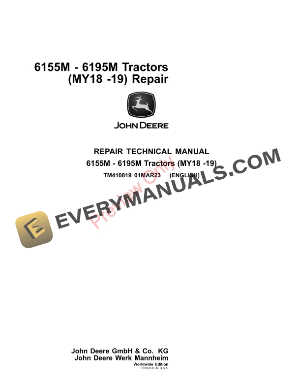John Deere 6155M 6195M Tractors MY18 19 Repair Technical Manual TM410819 01MAR23 1