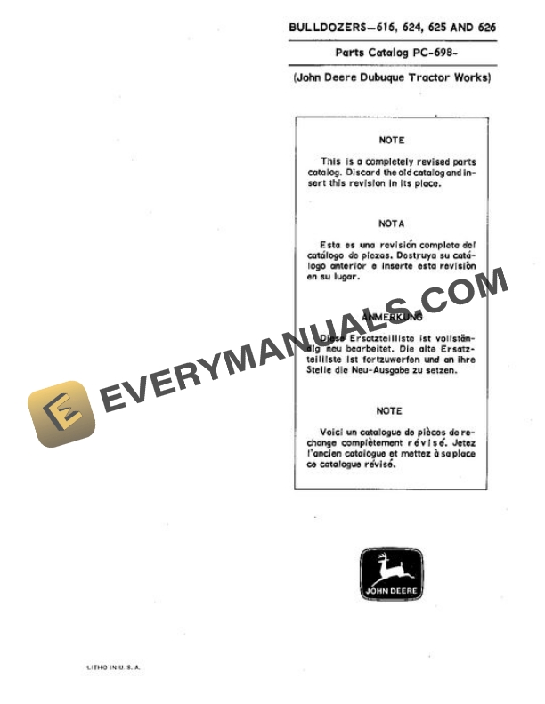 John Deere 616 624 625 626 Attachment Parts Catalog PC698