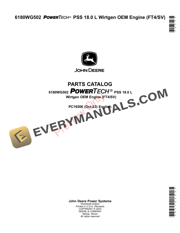 John Deere 6180WG502 PowerTech PSS 18.0 L Wirtgen OEM Engine (FT4SV) Parts Catalog PC16506 26OCT23