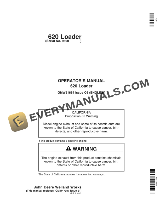 John Deere 620 Loader Operator Manual OMW51684