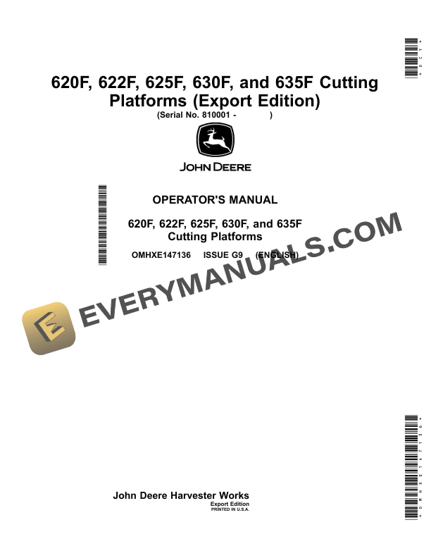 John Deere 620F, 622F, 625F, 630F, 635F Cutting Platform Operator Manual OMHXE147136