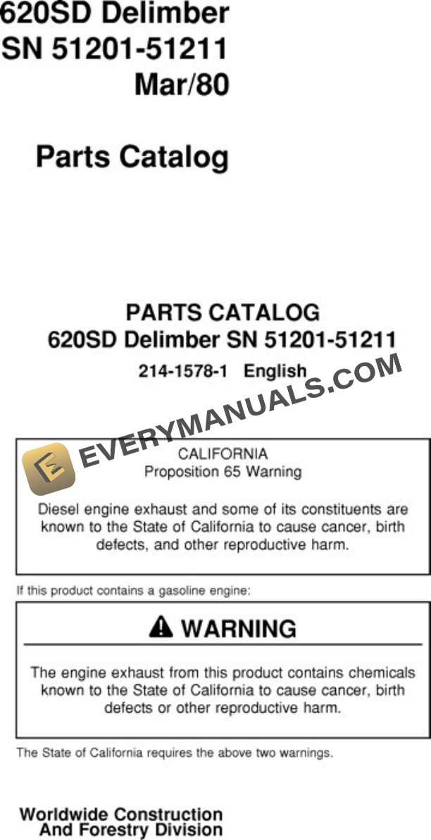 John Deere 620SD Delimber Parts Catalog 214-1578-1