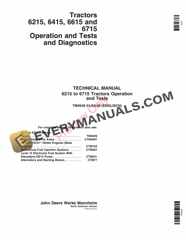 John Deere 6215, 6415, 6615, 6715 Tractors Service Information TM4648 01JUL06