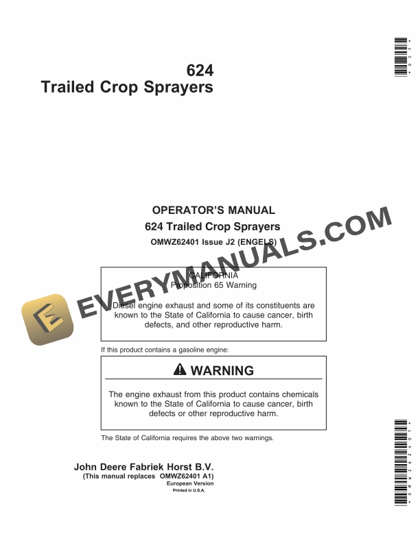 John Deere 624 Trailed Crop Sprayer Operator Manual OMWZ62401