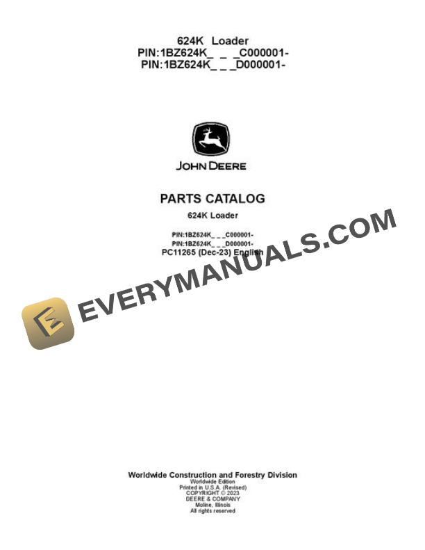 John Deere 624K Loader Parts Catalog PC11265