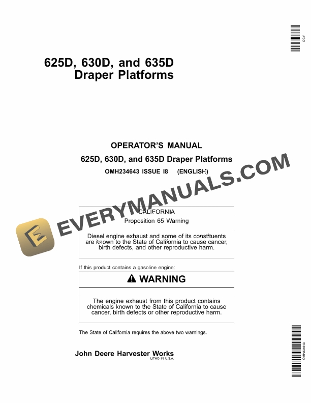 John Deere 625D, 630D, 635D Draper Flatforms Operator Manual OMH234643