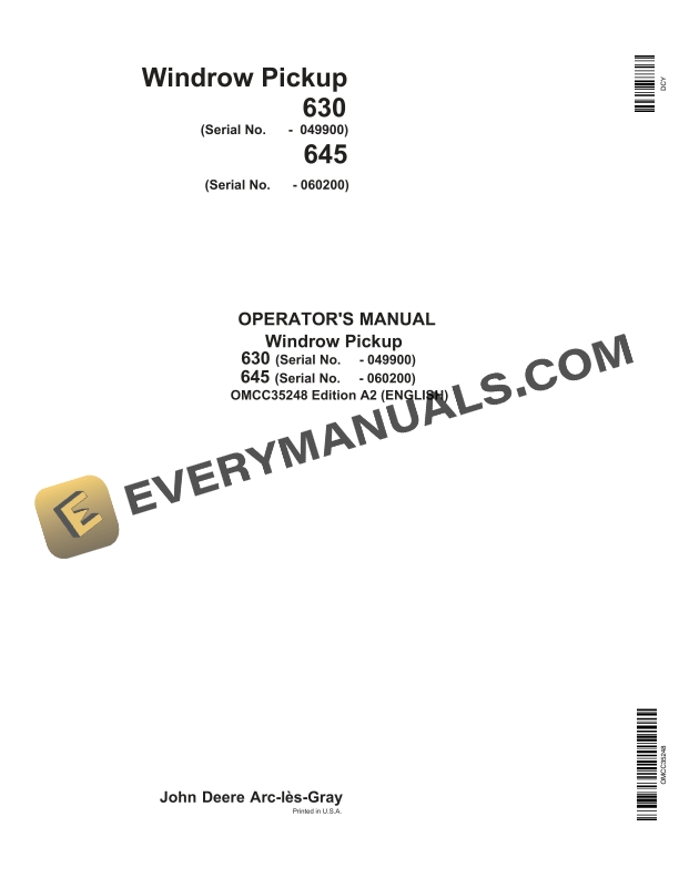 John Deere 630, 645 Windrow Pickup Operator Manual OMCC35248